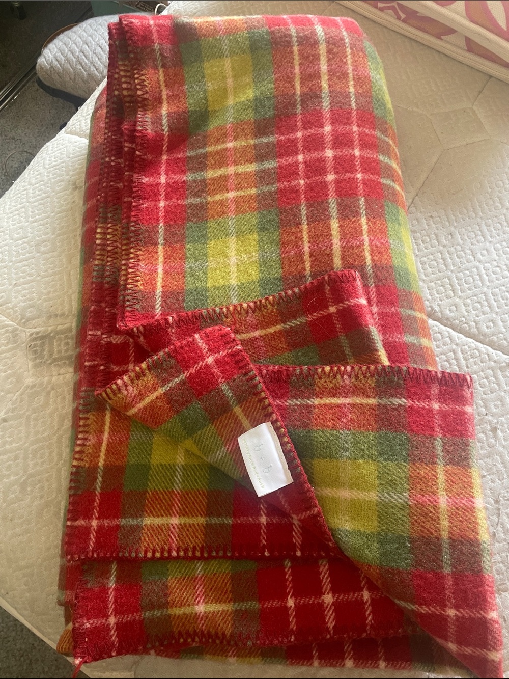 Pottery Barn Red, Green & Yellow Plaid Wool Blanket King/Cal King